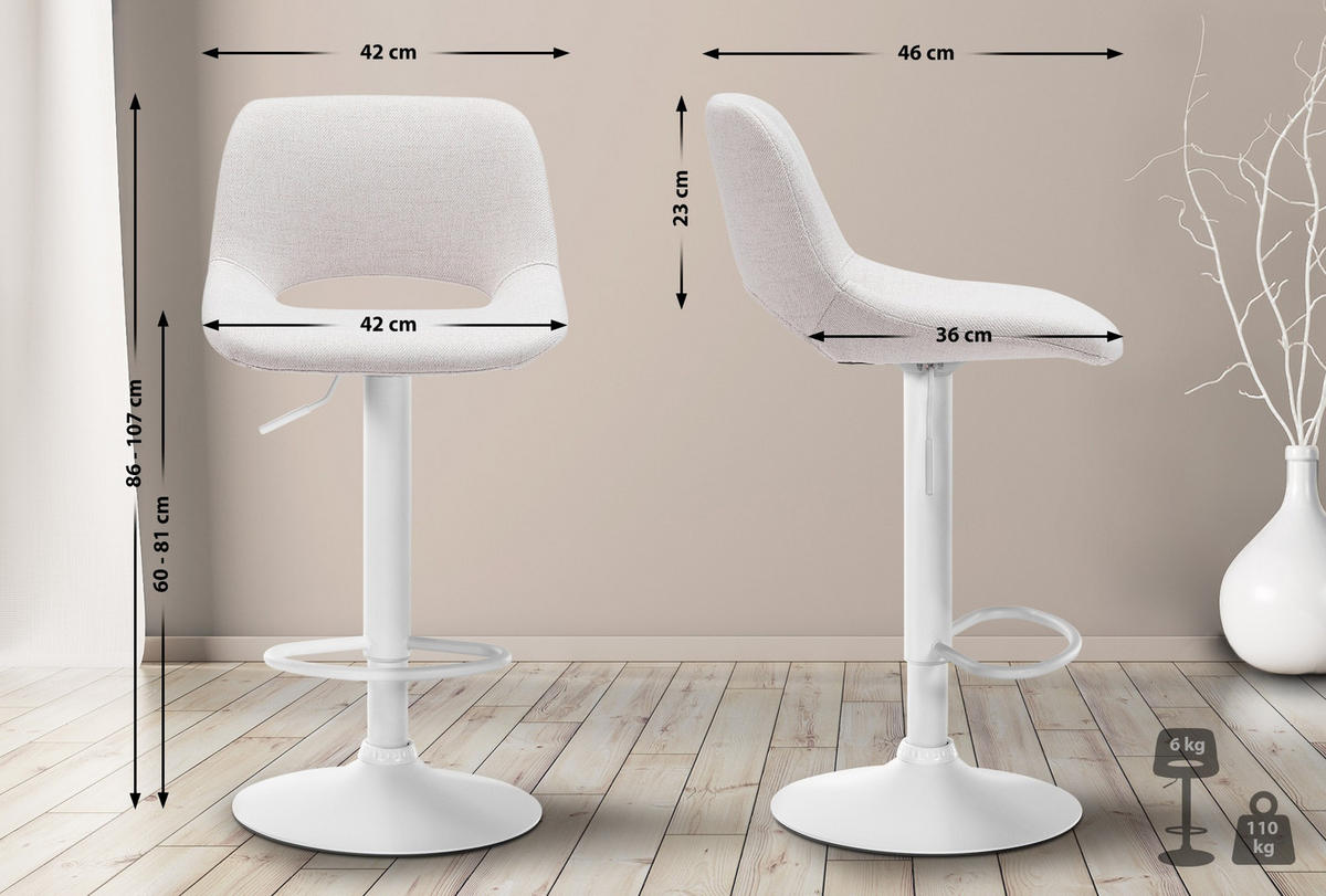 BARHOCKER 2er Set Stoff creme - Creme/Weiß, Textil/Metall (42/86/46cm) - CLP