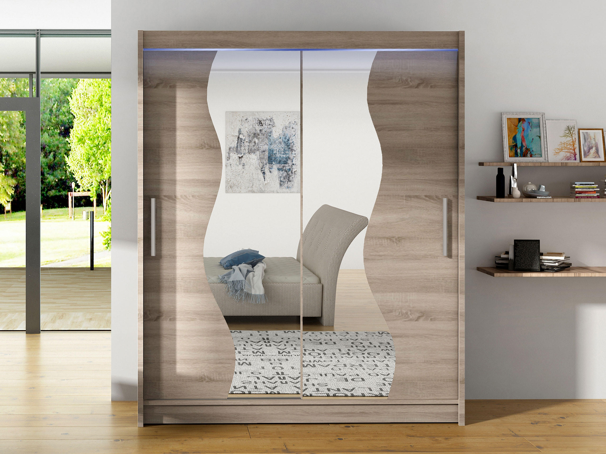 SCHWEBETÜRENSCHRANK Westa S, mit RGB LED Beleuchtung - Silberfarben/Trüffeleichefarben, Holzwerkstoff/Metall (150/200/58cm) - MIRJAN24