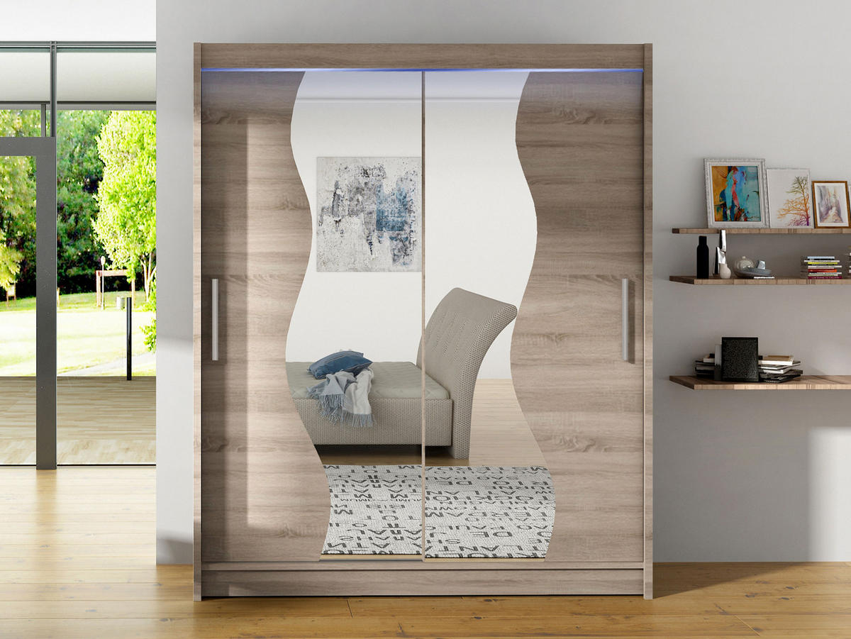 SCHWEBETÜRENSCHRANK Westa S, mit RGB LED Beleuchtung - Silberfarben/Trüffeleichefarben, Holzwerkstoff/Metall (150/200/58cm) - MIRJAN24
