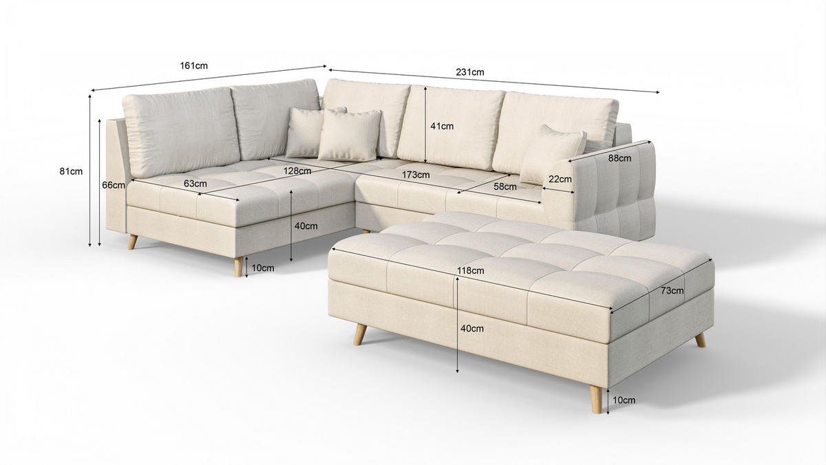 ECKSOFA MIT HOCKER Lorine Mikrofaser Ecru - Ecru/Hellbraun, Buchenholz/Textil (231/161cm) - S-Style Möbel