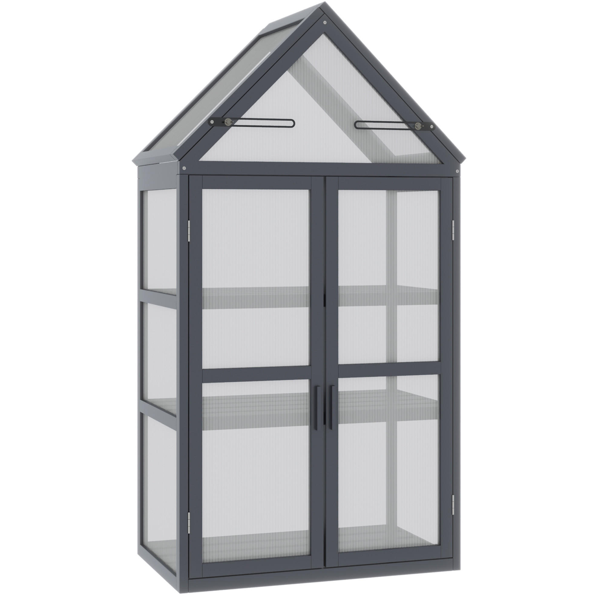 Modfu MINI skleník ze dřeva 70,5x42x132 cm šedý se 3 policemi, výklopnou střechou a dvojitými dvířky