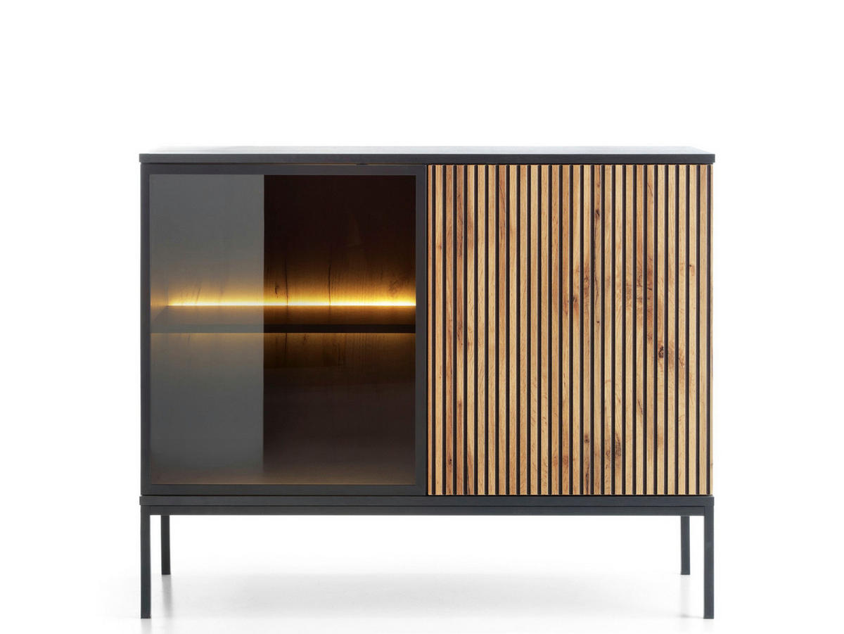 KOMMODE Lagos 104 cm mit Beleuchtung Schwarz und Wotan Eiche - Eiche Wotan/Schwarz, Holzwerkstoff/Metall (104/83/39cm) - Ravio