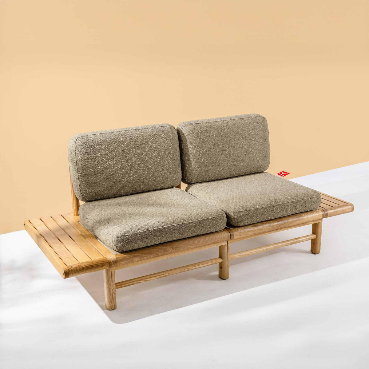 GARTENSOFA ATREDA 2-Sitzer, mit beideseitig Ablagen - Beige, Holz/Textil (190/74/80cm) - KONSIMO®