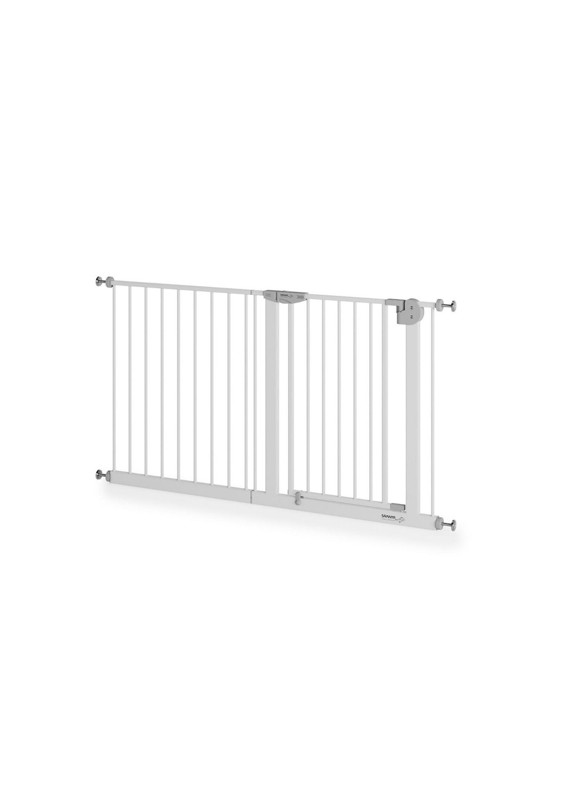 TÜRSCHUTZGITTER & Treppenschutz mit 4x Elefantenfuß, Tür mit 90° Stop, ohne Bohren 135-145 cm - Weiß, Metall (145/5cm) - Sämann – make a difference.
