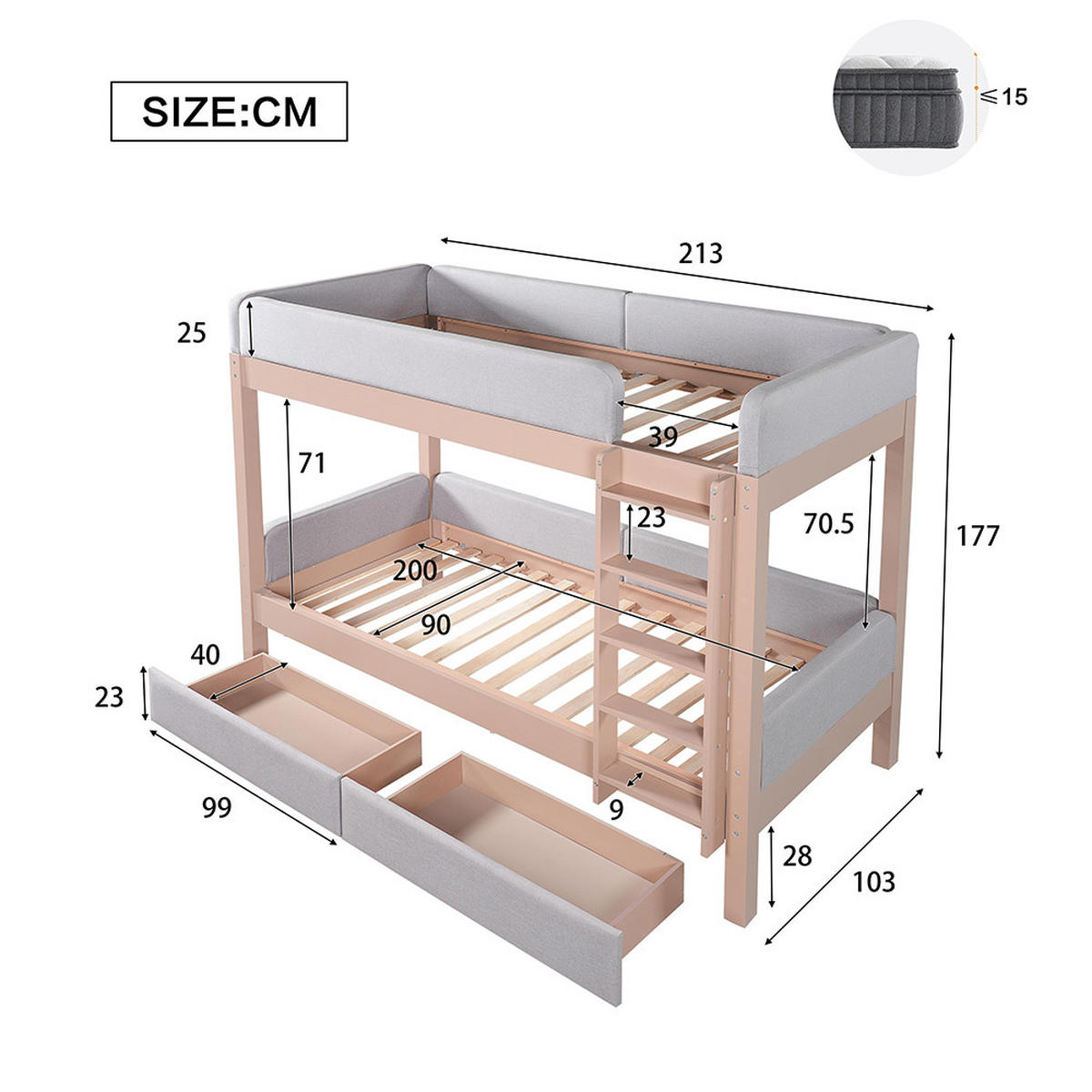 ETAGENBETT 90x200cm mit weiche Antikollisions-Schwammkante, Grau+Natur - Grau, Holz (98/216cm) - KOMHTOM
