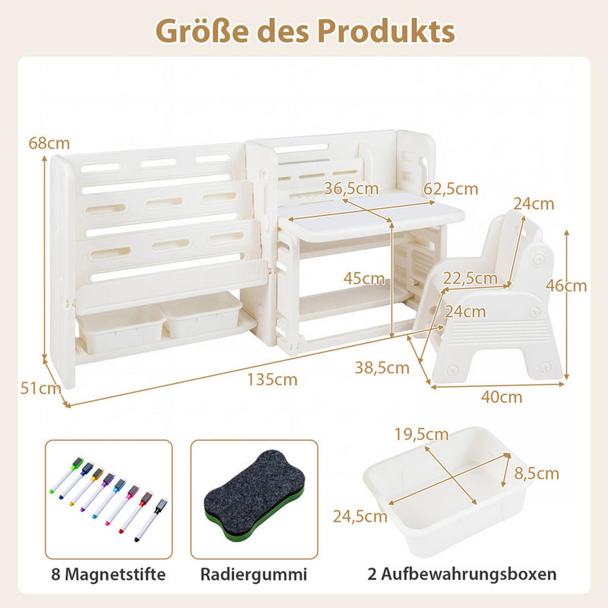 KINDERTISCH-STUHL-SET mit Bücherregal beige(2-tlg) - Beige, Kunststoff (135/68/51cm) - COSTWAY