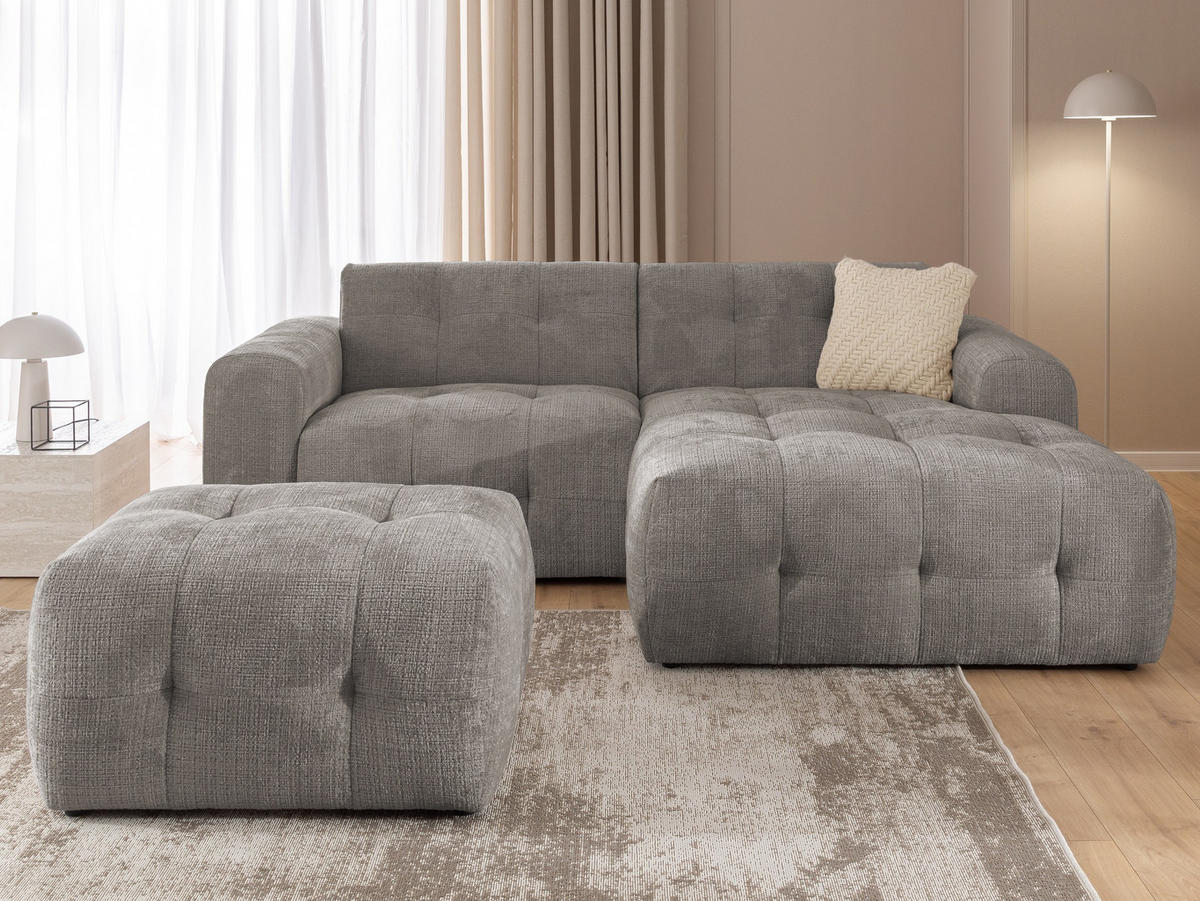 ECKSOFA inkl. Hocker Kozy im Bumpy-Design mit Schlaffunktion und fester Rückenlehne aus weichem Taupe Chenille-Stoff - Ottomane rechts - Taupe/Schwarz, Holz/Kunststoff (234/161cm) - S-Style Möbel