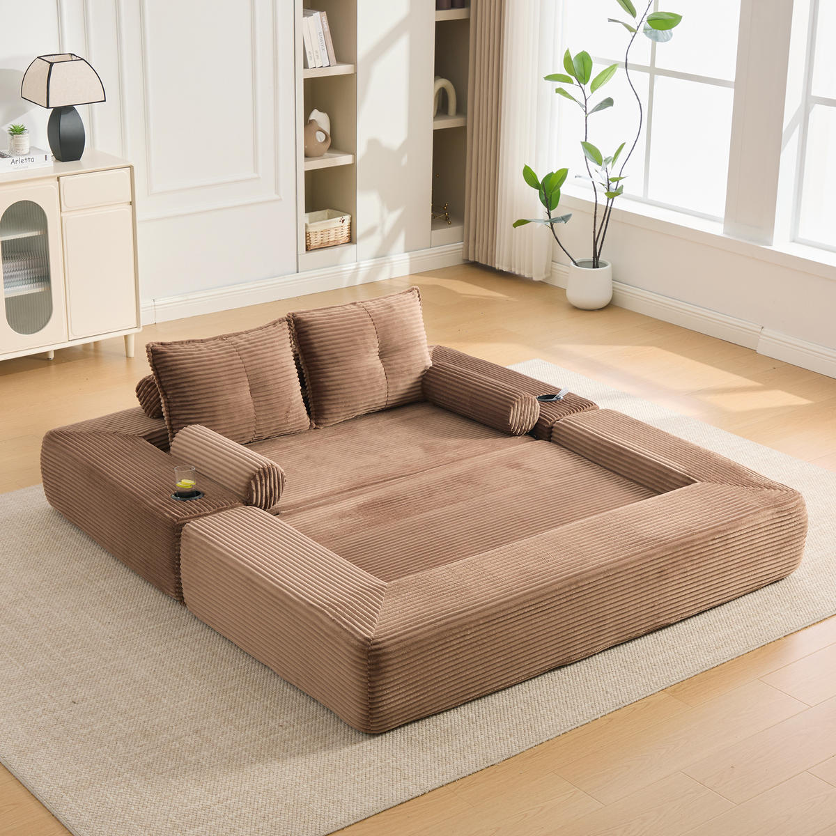 SCHLAFSOFA mit Cordbezug, Memory-Kissen, Getränkehalter und Seitentaschen - Braun, Textil (180/80/98cm) - EVRYAE