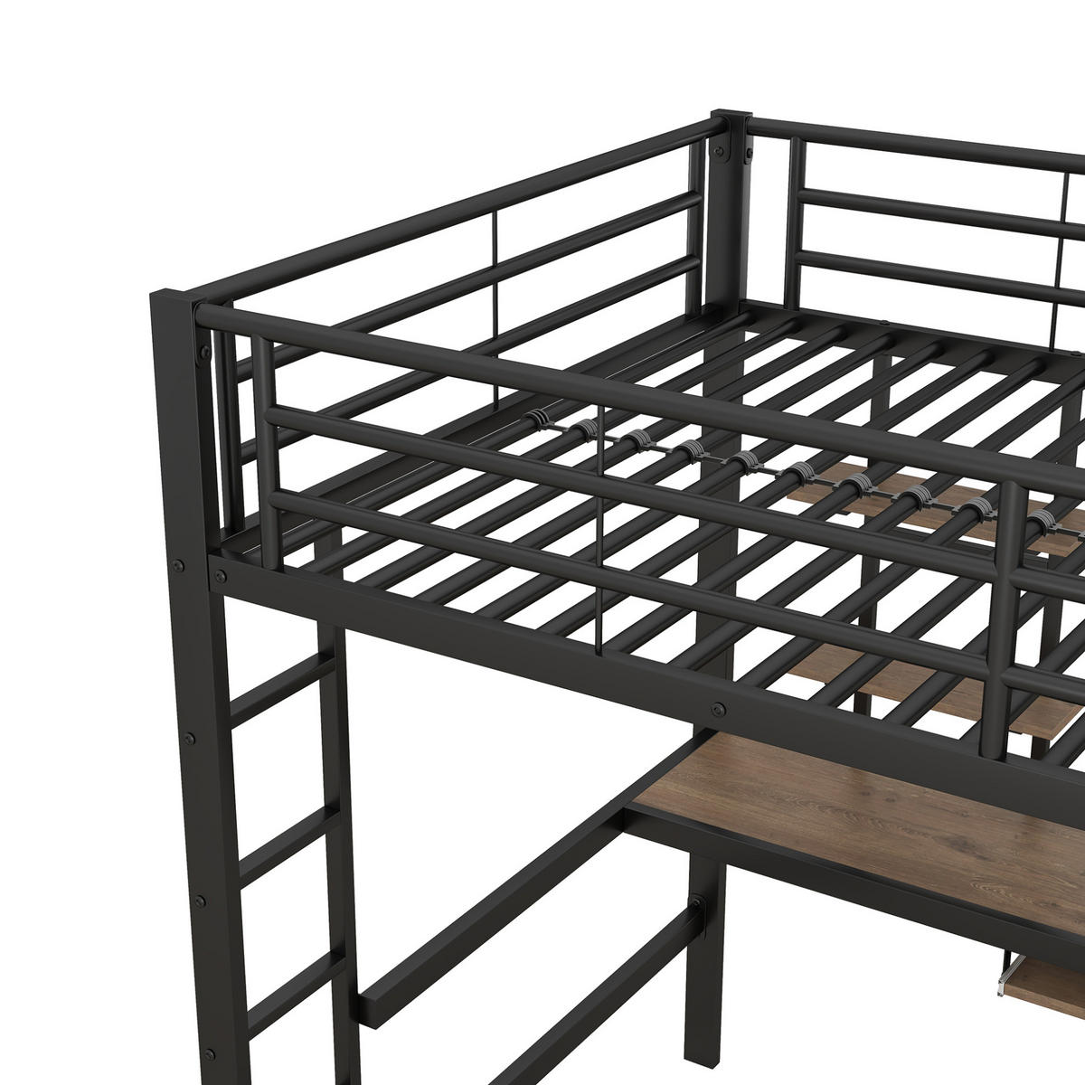 HOCHBETT mit Schreibtisch 140/200 cm in Schwarz – mit 2 Regalen und Sicherheitsumrandung - Schwarz, Metall (140/200cm) - BEAOK