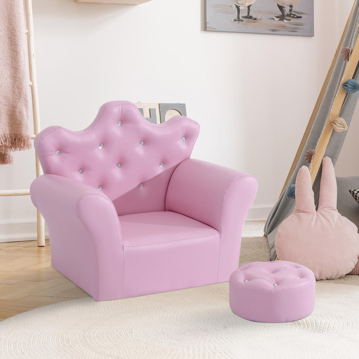 KINDERSOFA mit Ottomane Kindersessel Softsofa mit Kristallknöpfen Hocker Rosa - Rosa, Holz (405/49/58cm) - HOMCOM