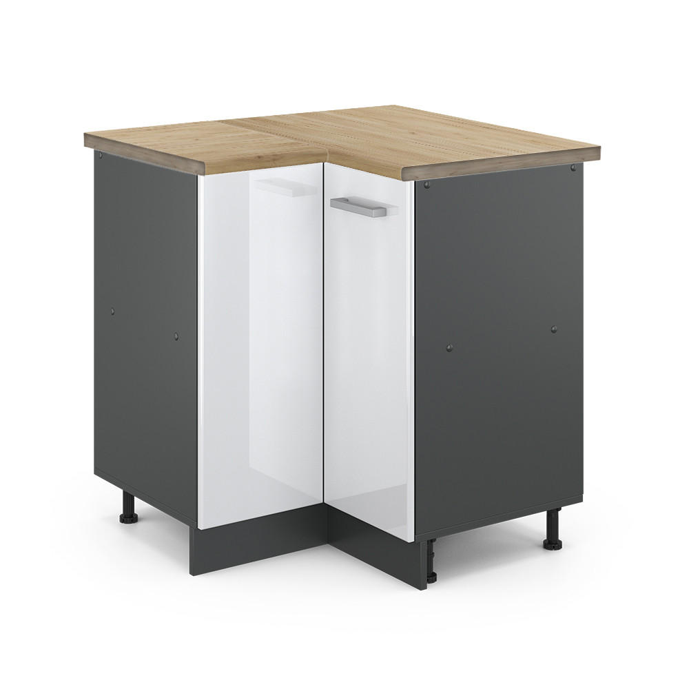 ECKUNTERSCHRANK R-Line Weiß Hochglanz 75.6 cm , AP Eiche - Weiß Hochglanz/Anthrazit, Holzwerkstoff (75.6/81.6/60cm) - Vicco
