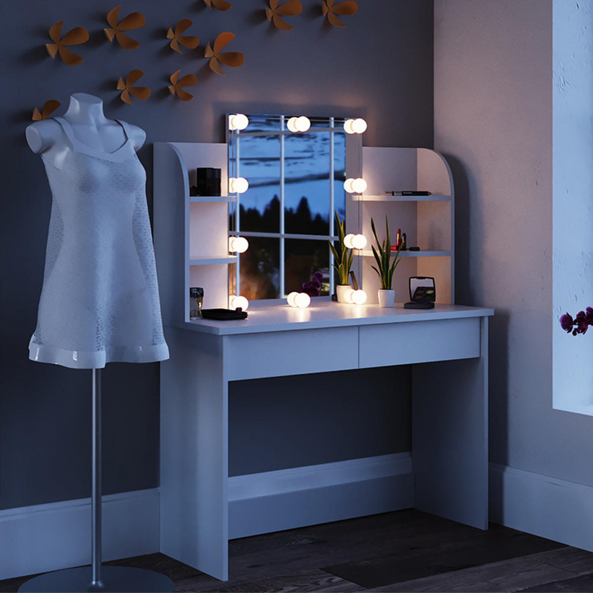 SCHMINKTISCH Charlotte Weiß 108 cm + LED und Hocker - Weiß, Holzwerkstoff (108/139/40cm) - Vicco
