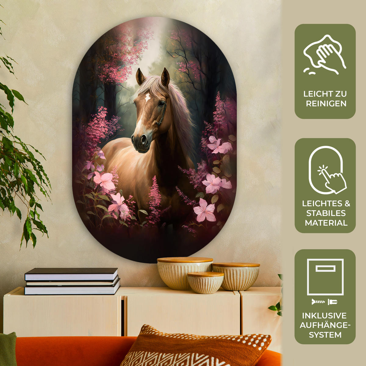 WANDBILD Pferd - Blumen - Rosa - Natur - Wald 80x120 cm - Altrosa, Kunststoff (80/120cm) - MuchoWow