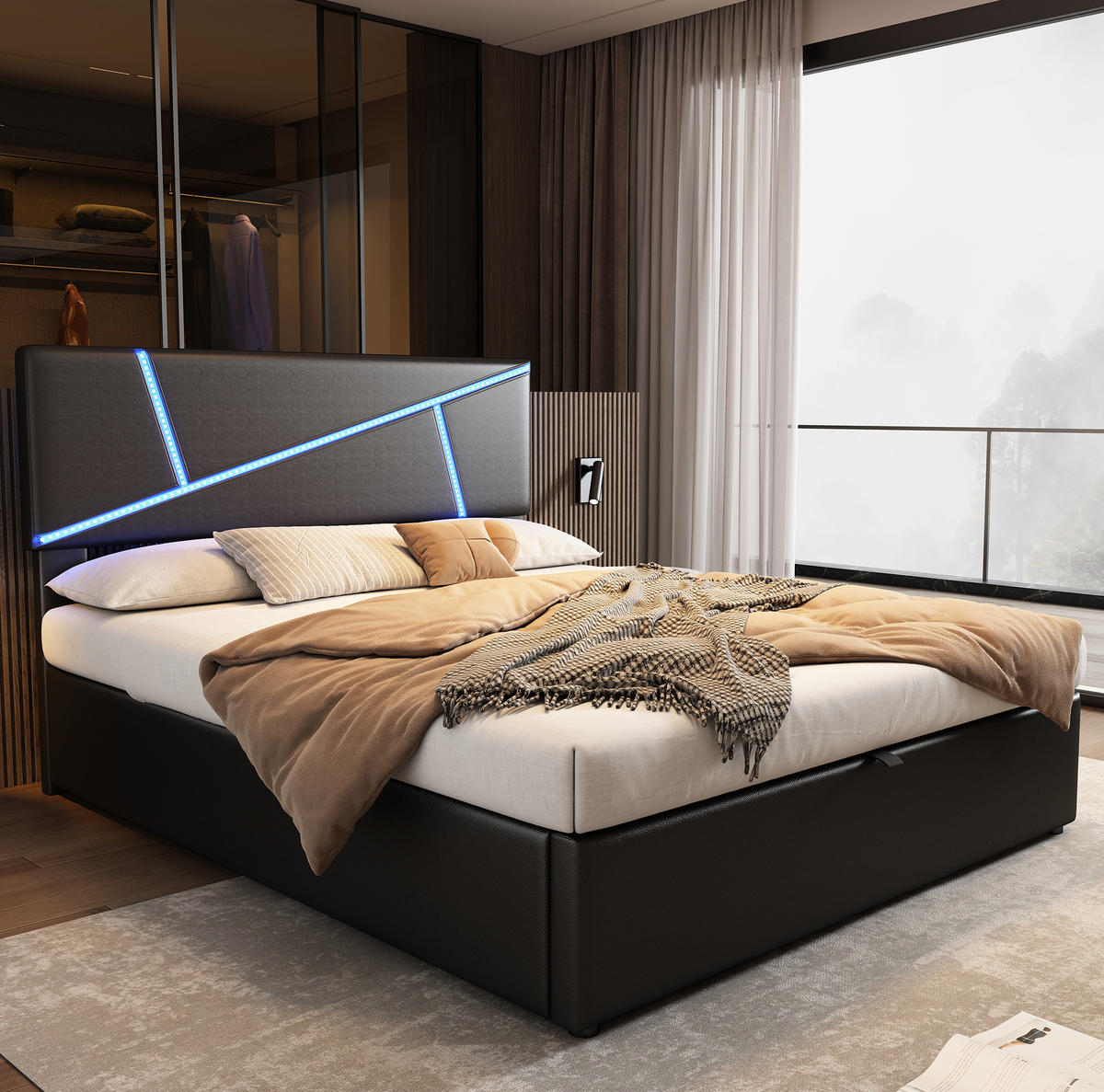 POLSTERBETT 90/200 cm aus PU mit LED-Beleuchtung und Stauraum Schwarz - Schwarz, Kunststoff (90/200cm) - Modenvie