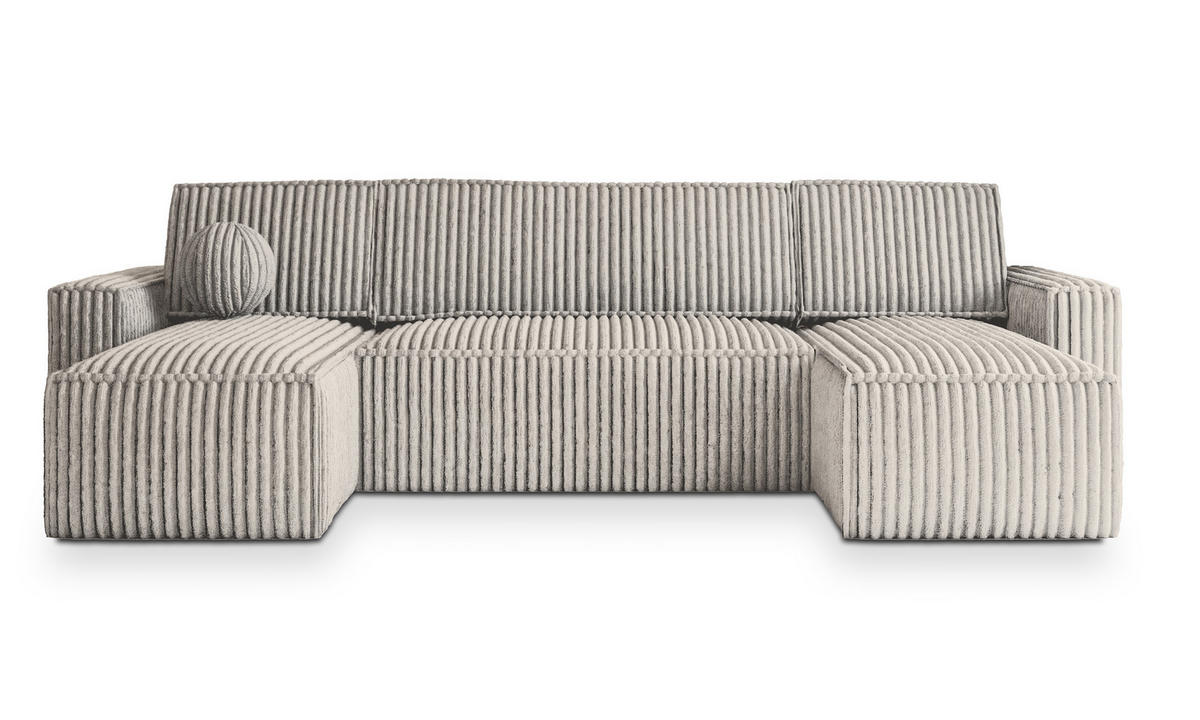 WOHNLANDSCHAFT PESANO T Hellgrau Kordstoff mit Schlaffunktion - Champagner, Holz (306/85/140cm) - MASSENO