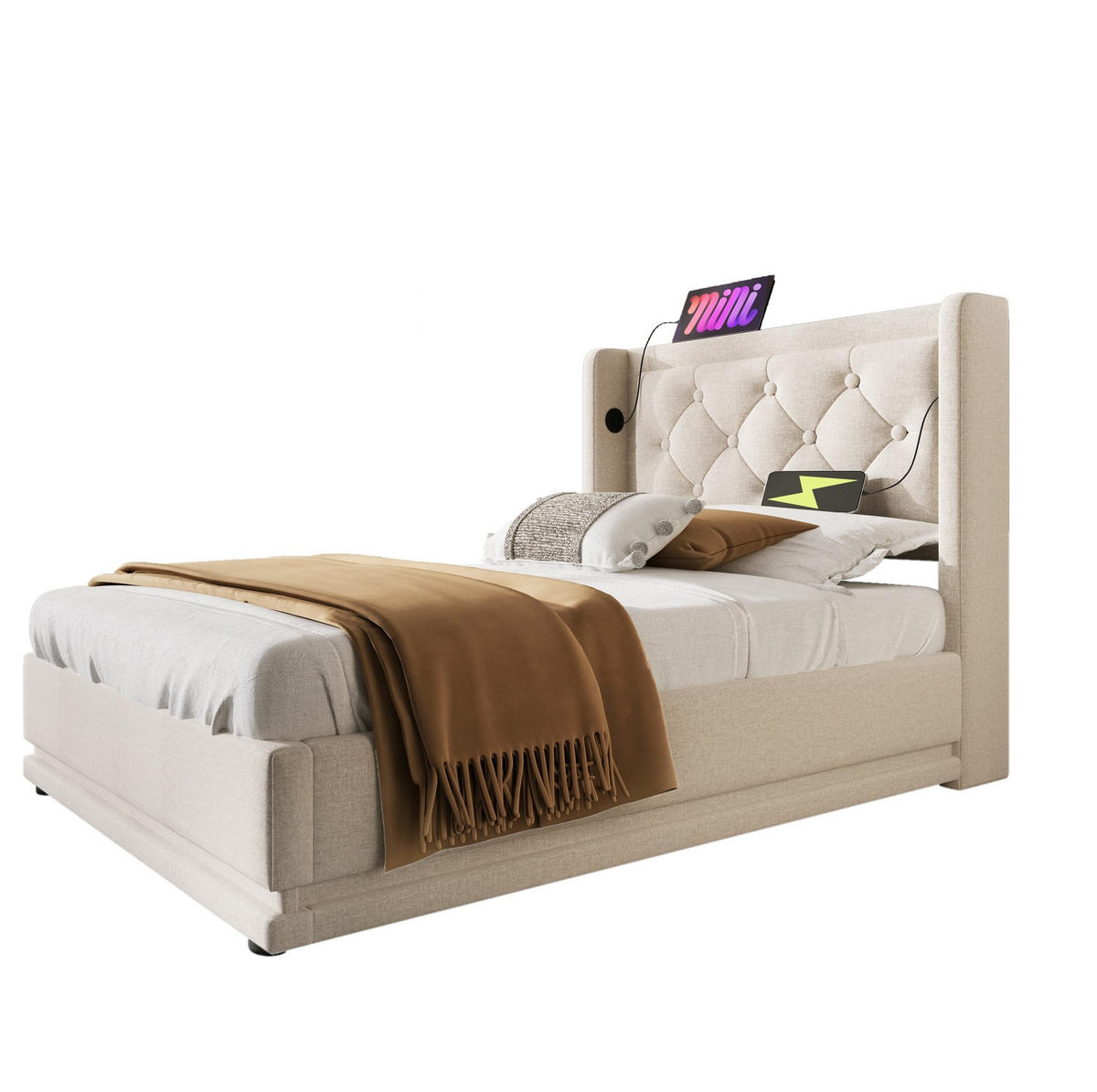 POLSTERBETT 90/200 cm Beige mit hydraulischem Stauraum und USB-Typ-C-Anschluss - Beige, Textil (90/200cm) - OKWISH