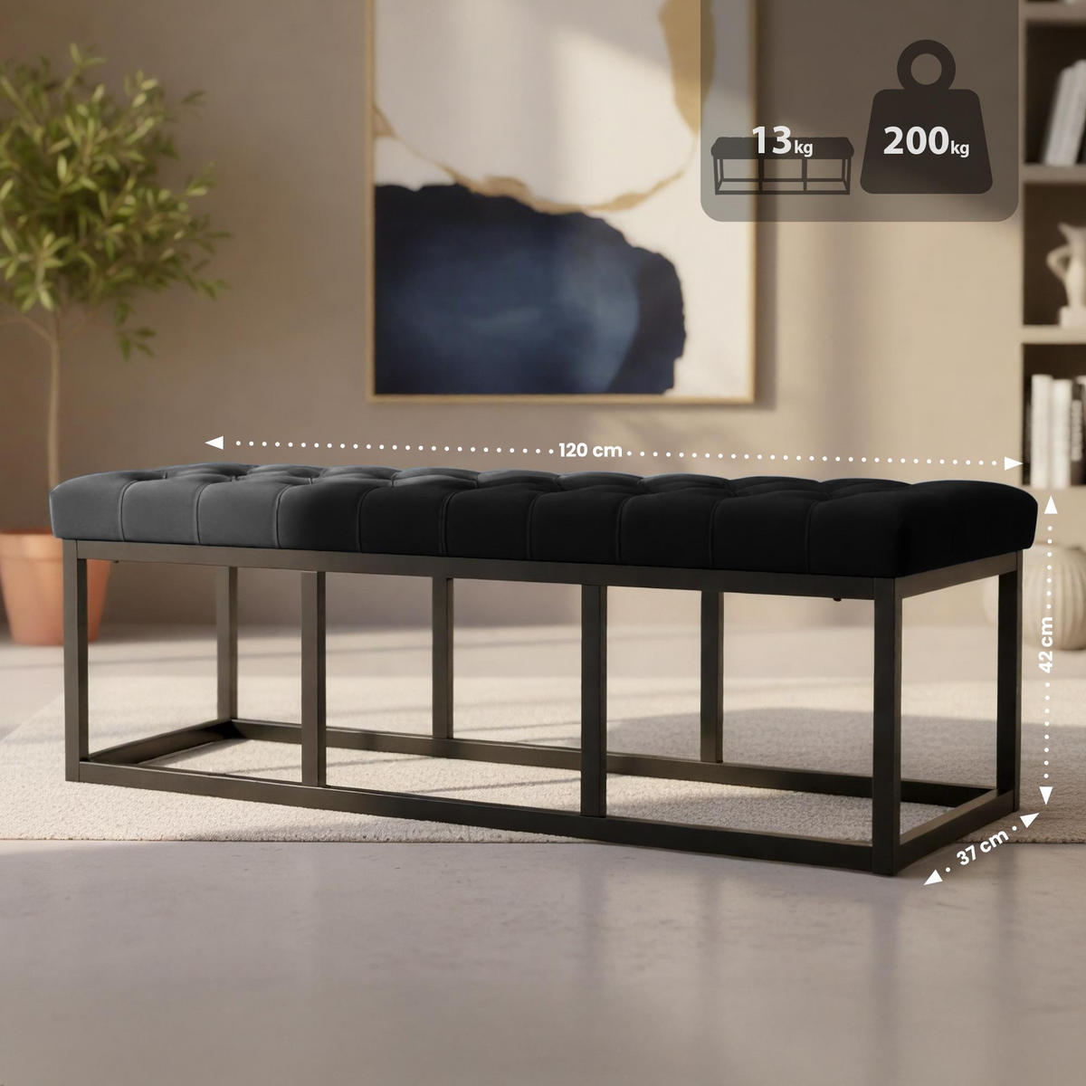 SITZBANK 120/37 cm Samt Schwarz - Schwarz, Textil/Metall (120/42/37cm) - CLP