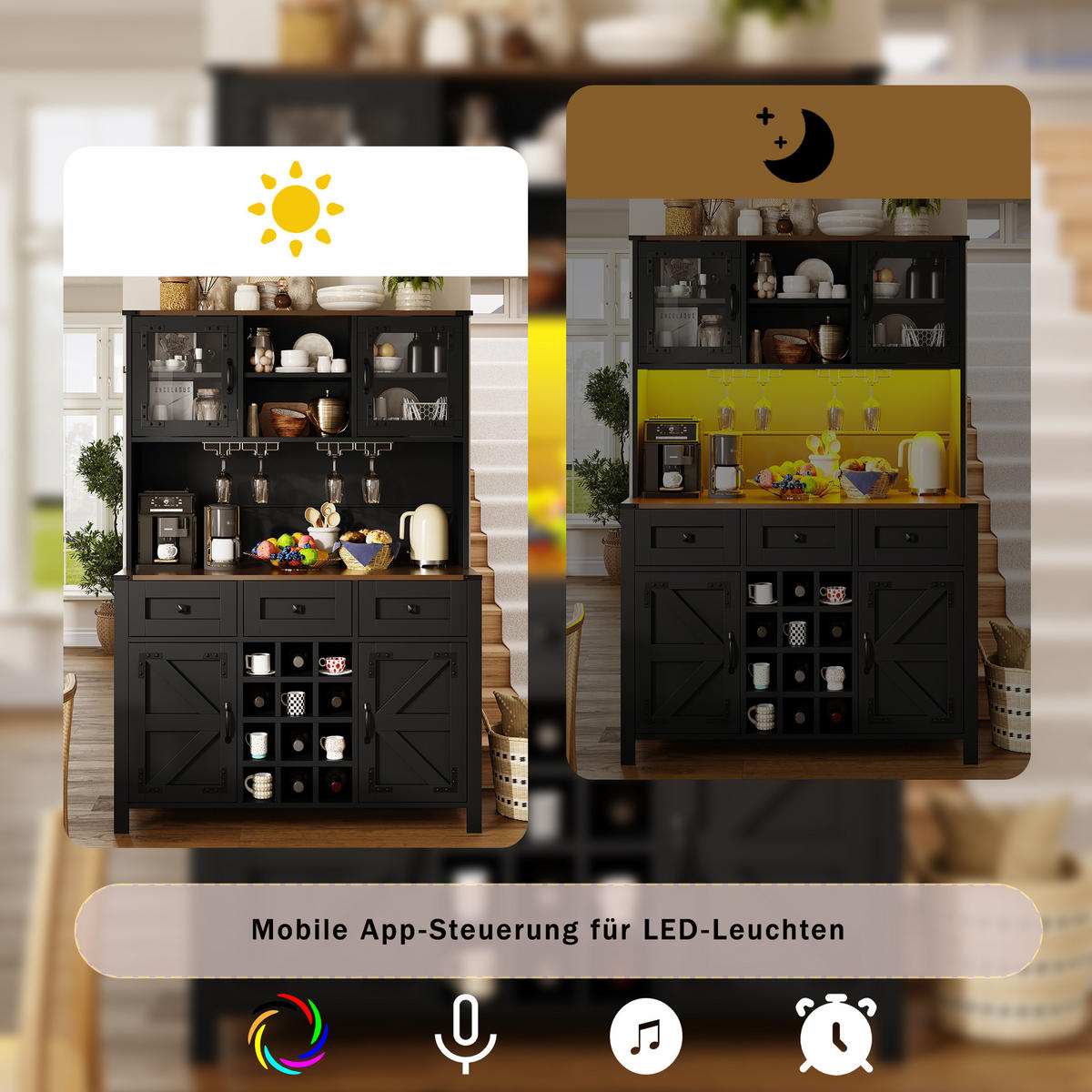 HIGHBOARD in Schwarz Küchenschrank mit LED-Lichtleiste und Schubladen für Küche und Wohnzimmer, B120/T40/H170 cm - Schwarz, Glas/Holzwerkstoff (120/70/40cm) - STILVORA