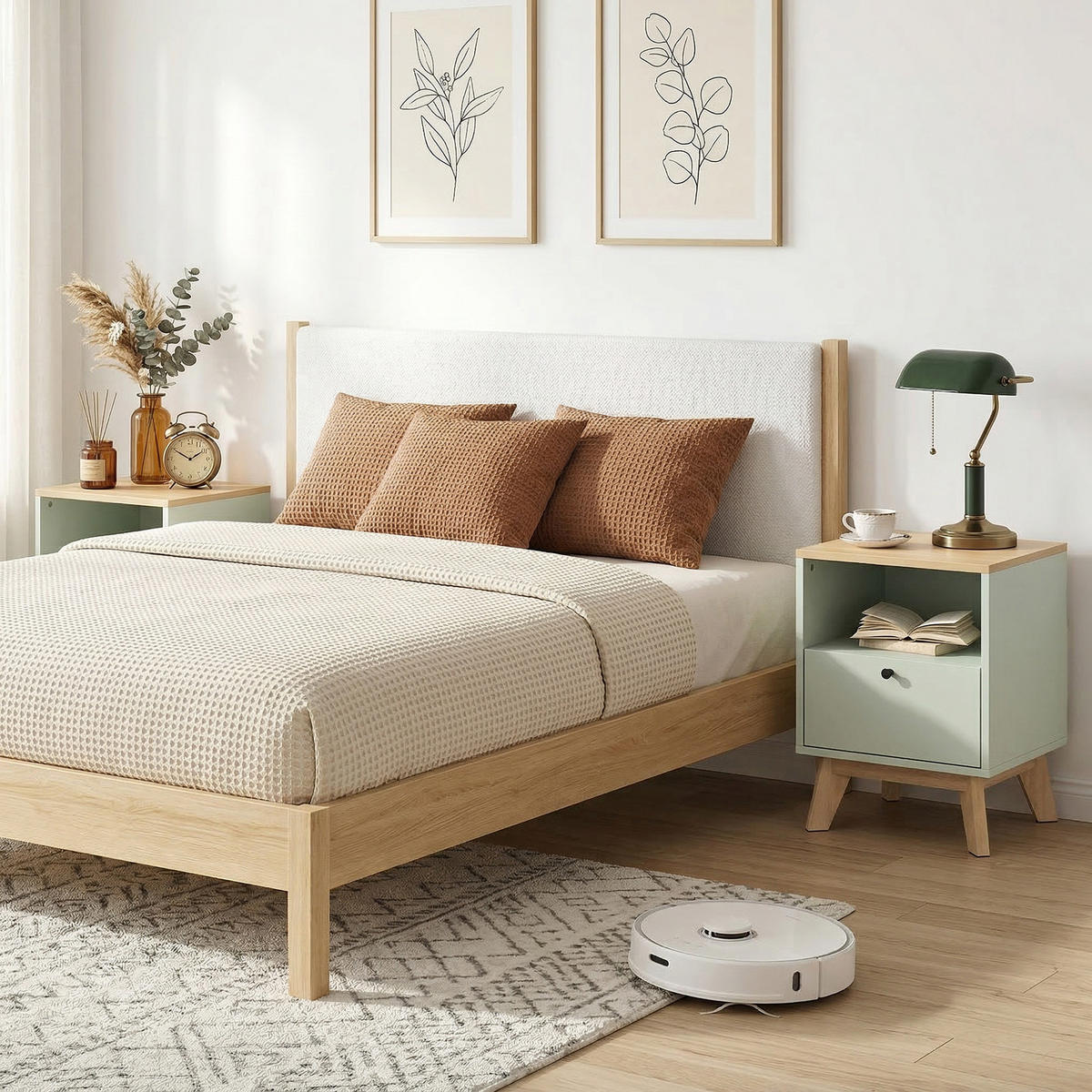 NACHTTISCH Eichenoptik Hellgrün MDF mit Schublade und offenem Fach 2er-Set - Hellgrün, Holzwerkstoff (40/55/40cm) - PANGIVO