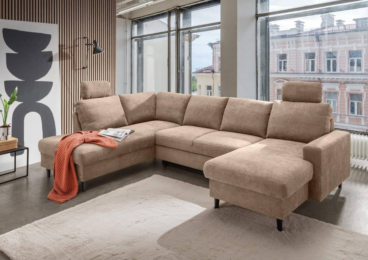 WOHNLANDSCHAFT mit Schlaffunktion und Bettkasten - Hellbraun/Erlefarben, Kunststoff/Textil (305/88/200cm) - myHomelando