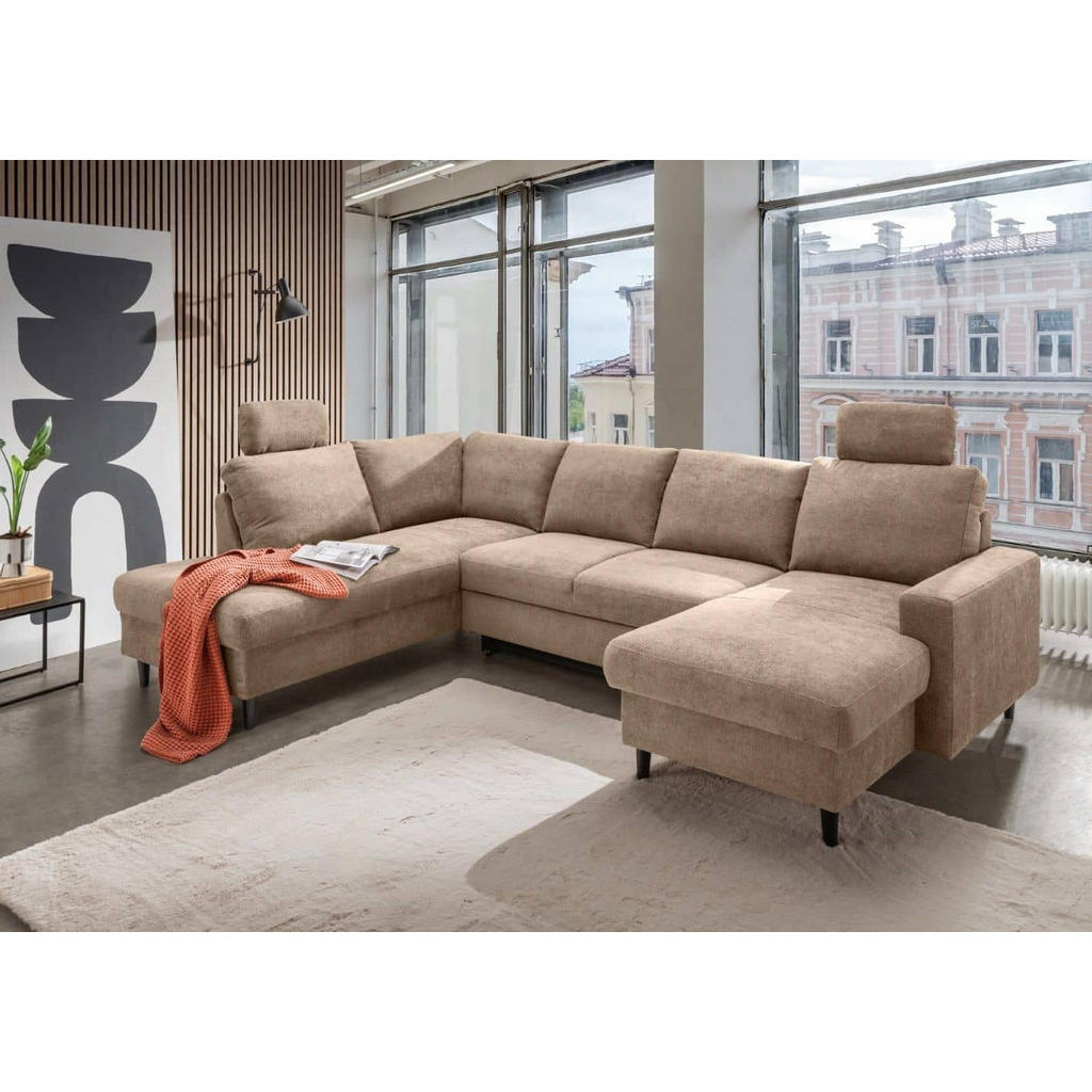 Thumbnail - myHomelando Wohnlandschaft, Hellbraun, Textil, 5-Sitzer, U-Form,Rechteckig, eckig, 305x88x200 cm, Wohnzimmer, Sofas & Co...