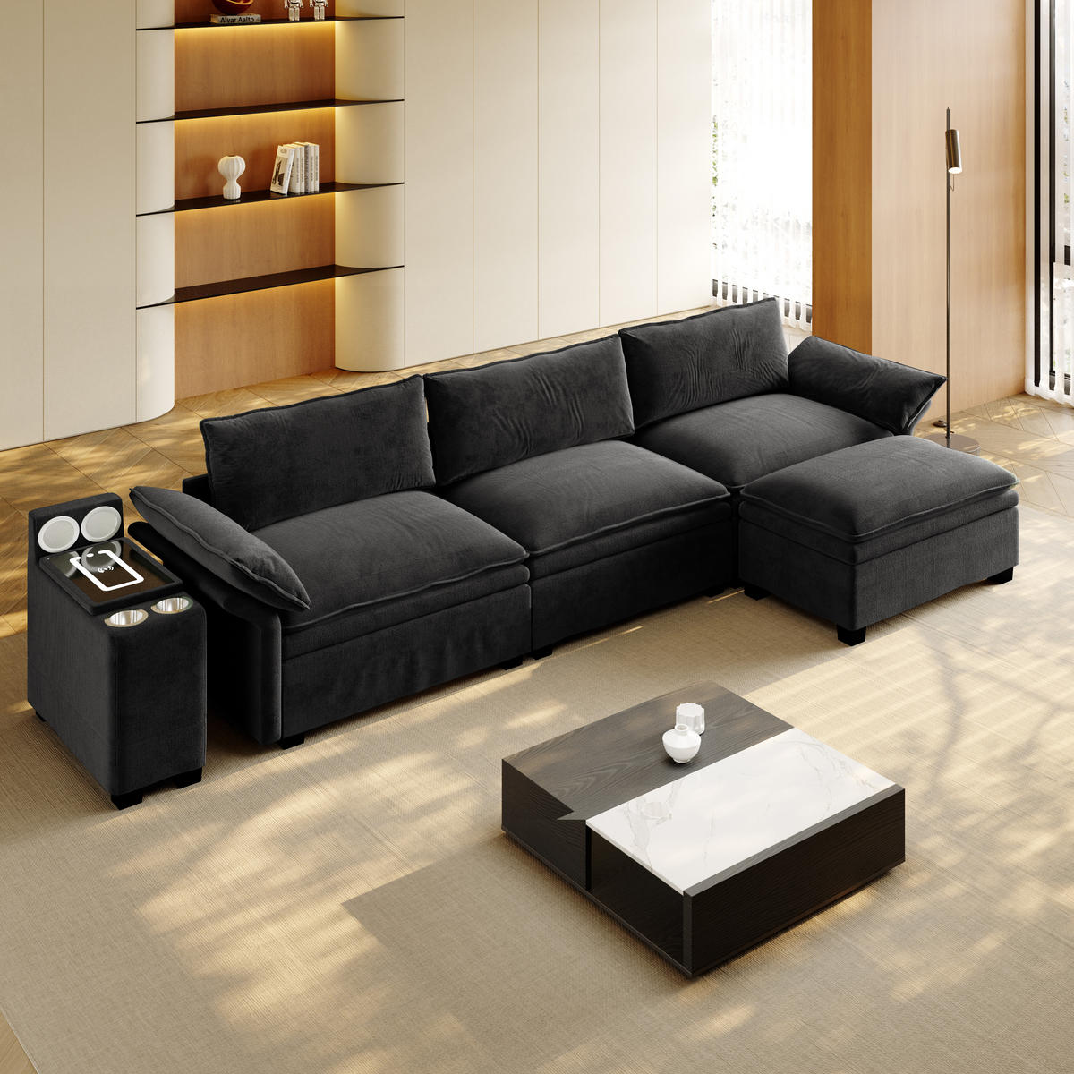 4-SITZER ECKSOFA Chenille Schwarz mit Stauraum, LED und USB - Schwarz, Holzwerkstoff/Textil (315/70cm) - WISHDOR