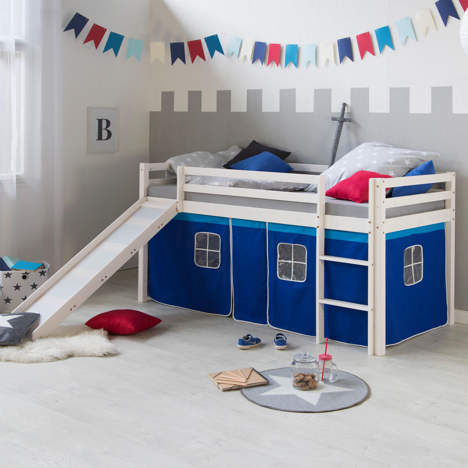 HOCHBETT 90/200 cm im blau mit Lattenrost + Matratze - Blau/Weiß, Holz - Homestyle4u