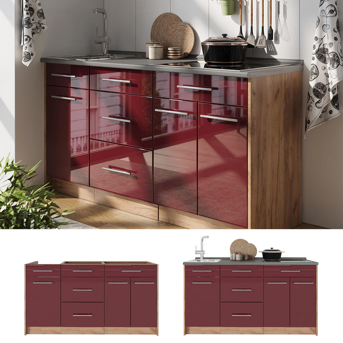 KUCHYNSKÝ BLOK Fame-Line, Bordeaux vysoký lesk, 150 cm, AP Oak - bordová/dub medový, kompozitné drevo (150/82/60cm) - Vicco