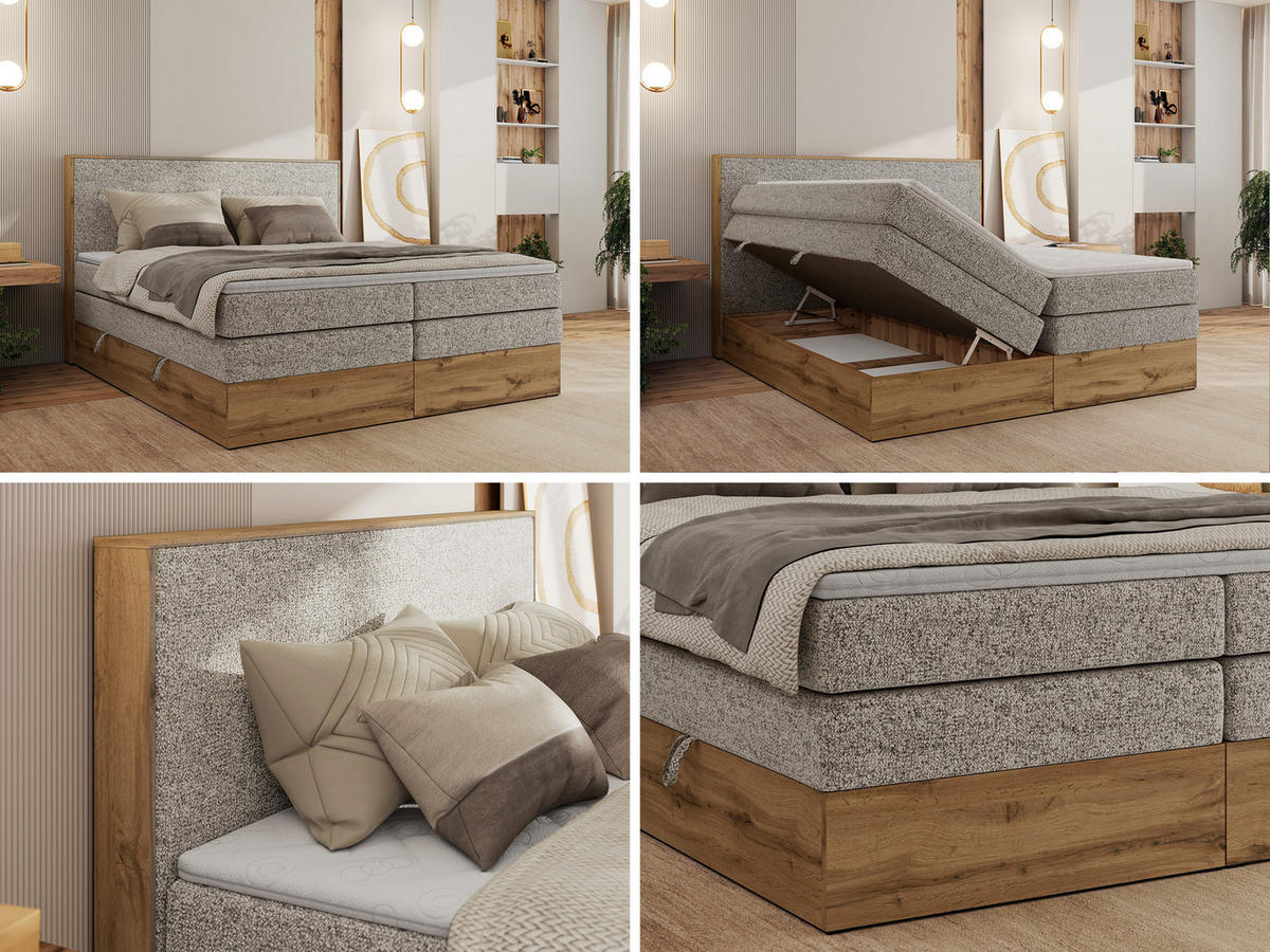 BOXBETT WOOD CLASSIC KING 160/200 - Beige Strukture - H4 - Beige, Textil (160/200cm) - MKS