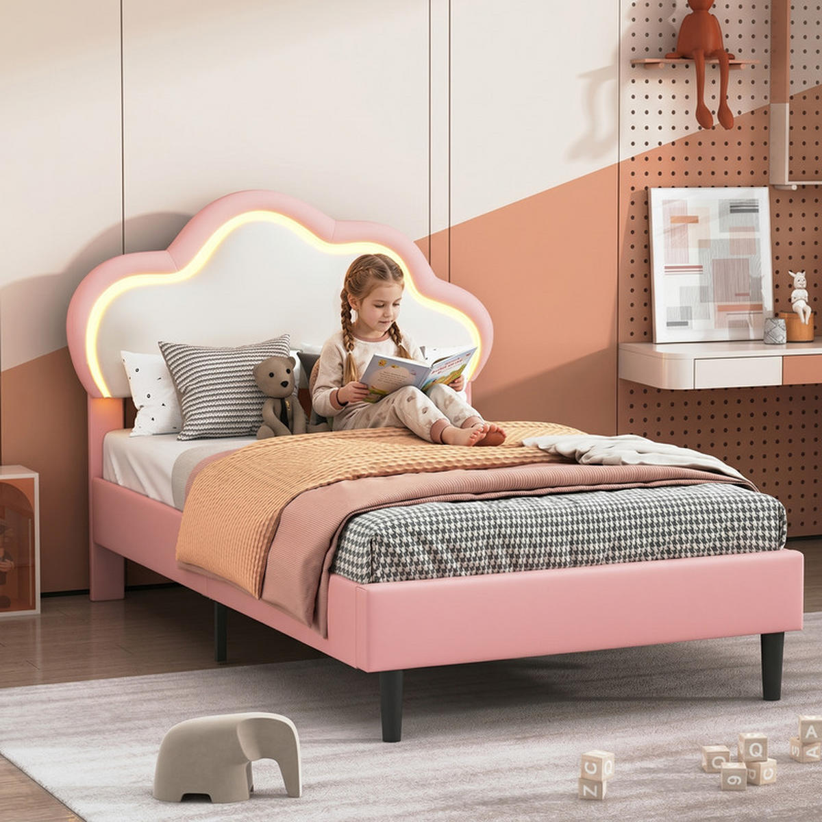 KINDERBETT 90/200 cm rosa mit LED und Wolkenkopfteil - Rosa, Holz - SHOPENTRA