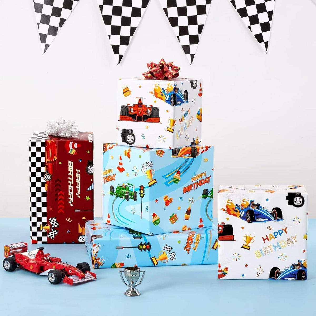 GESCHENKPAPIER 3er Set Rennauto 43 cm x 3 m - Multicolor, Papier (0.1/0.1/0.1cm)