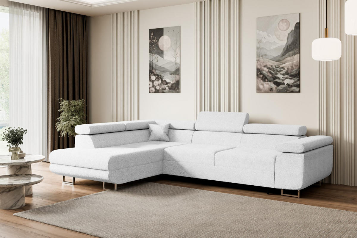 ECKSOFA mit Schlaffunktion und Bettkasten GUSA-L 272x202x107 cm Weiß Bouclé - Silberfarben/Weiß, Holzwerkstoff/Textil (202/272cm) - ALTDECOR