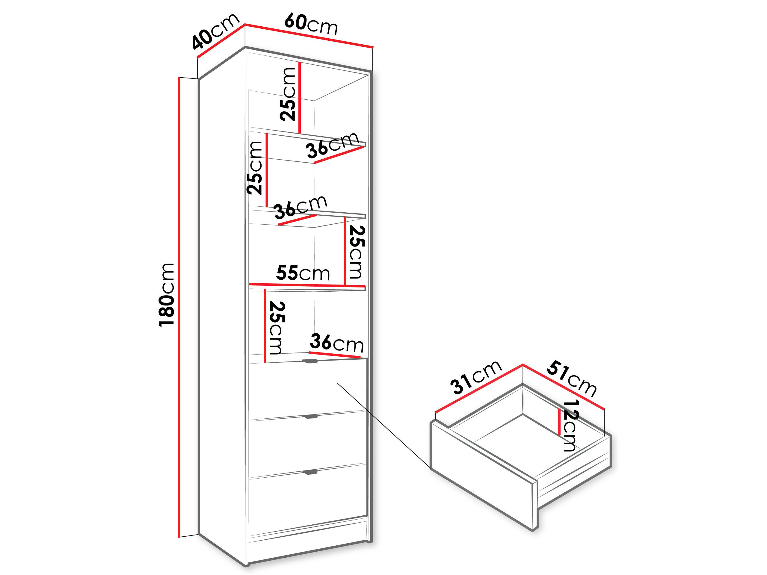 Thumbnail - Mirjan24 Regal, Schwarz, Metall, 3 Schubladen, Rechteckig, 60x180x40 cm, Wohnzimmer, Regale, Bücherregale