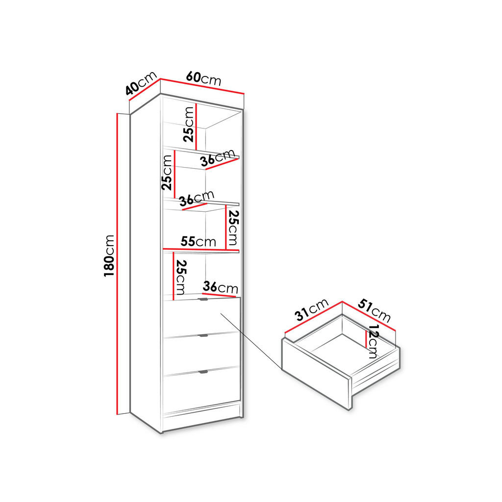 Thumbnail - Mirjan24 Regal, Weiß, Metall, 3 Schubladen, Rechteckig, 60x180x40 cm, Wohnzimmer, Regale, Bücherregale