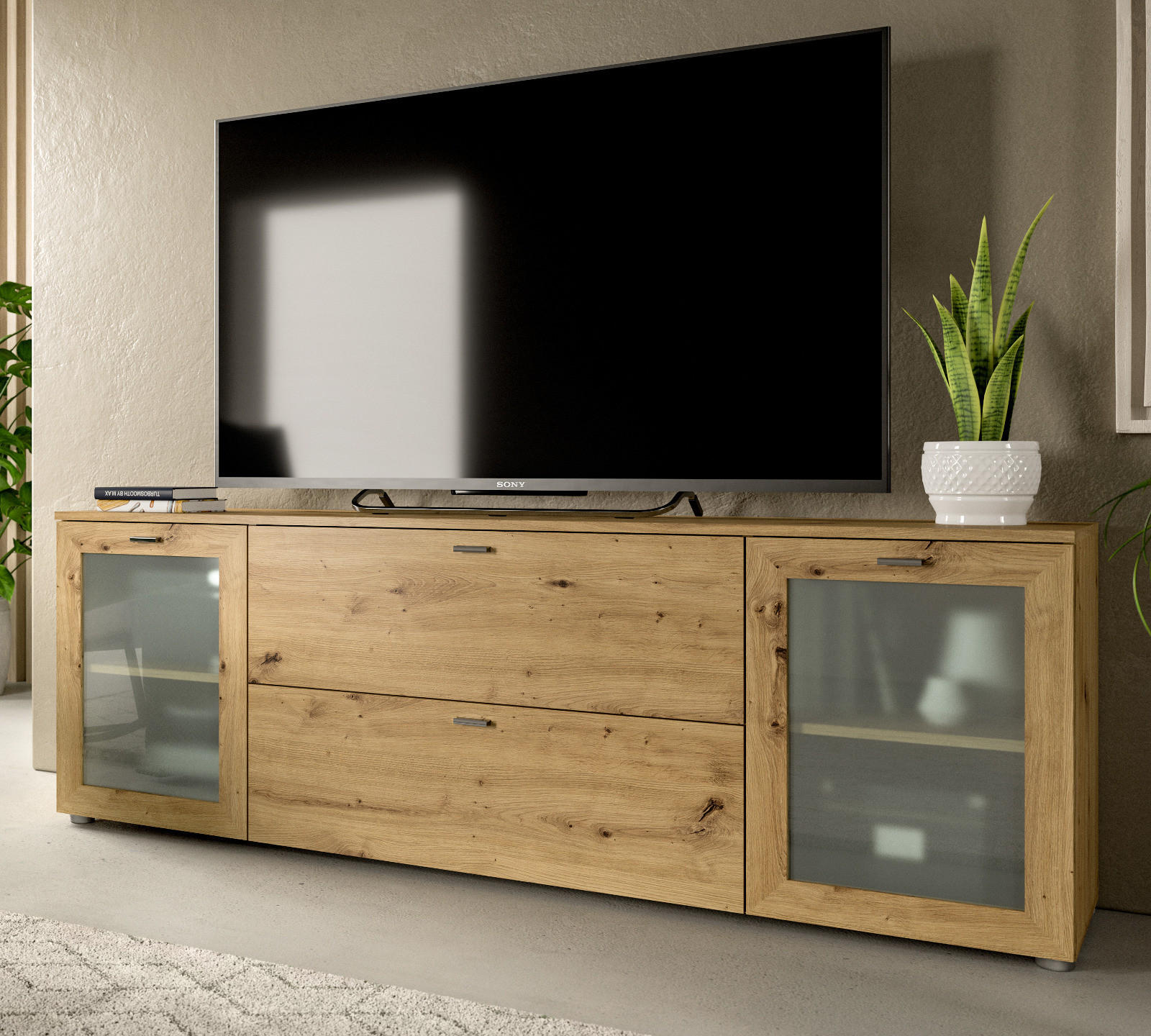 TV-LOWBOARD Eiche Artisan 180 cm, Flat-TV Unterschrank mit Komforthöhe - Silberfarben/Eiche Artisan, Glas/Holzwerkstoff (180/62/37cm) - Inn.Furn