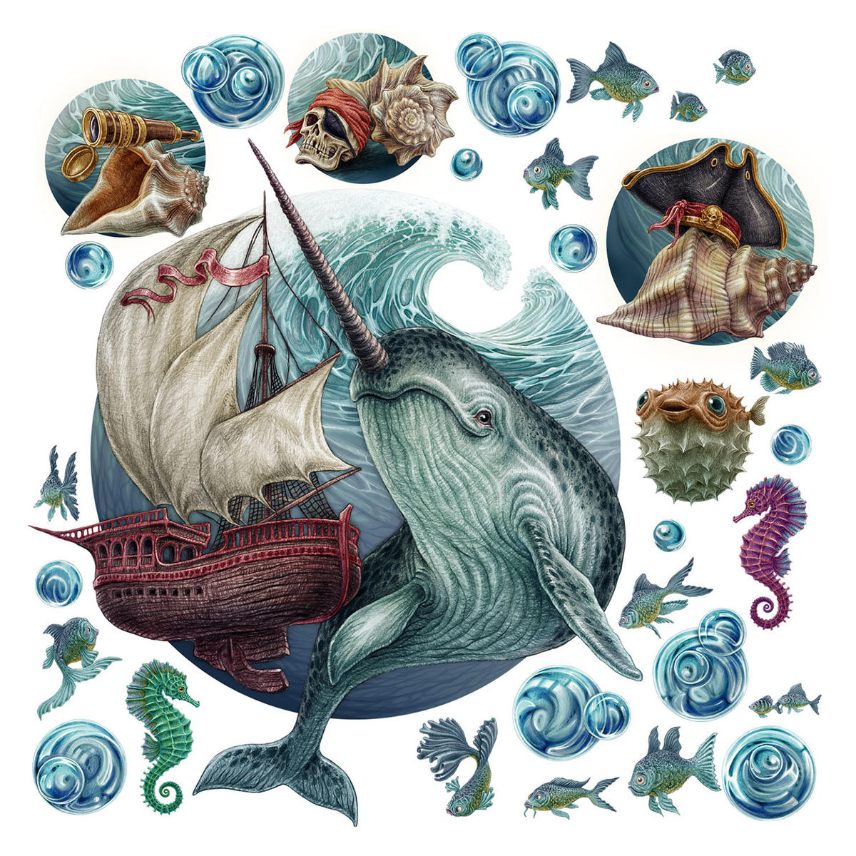 WANDAUFKLEBER 130x142cm - Meerestiere - Multicolor, Kunststoff (130/142/0.1cm) - Wallfluent