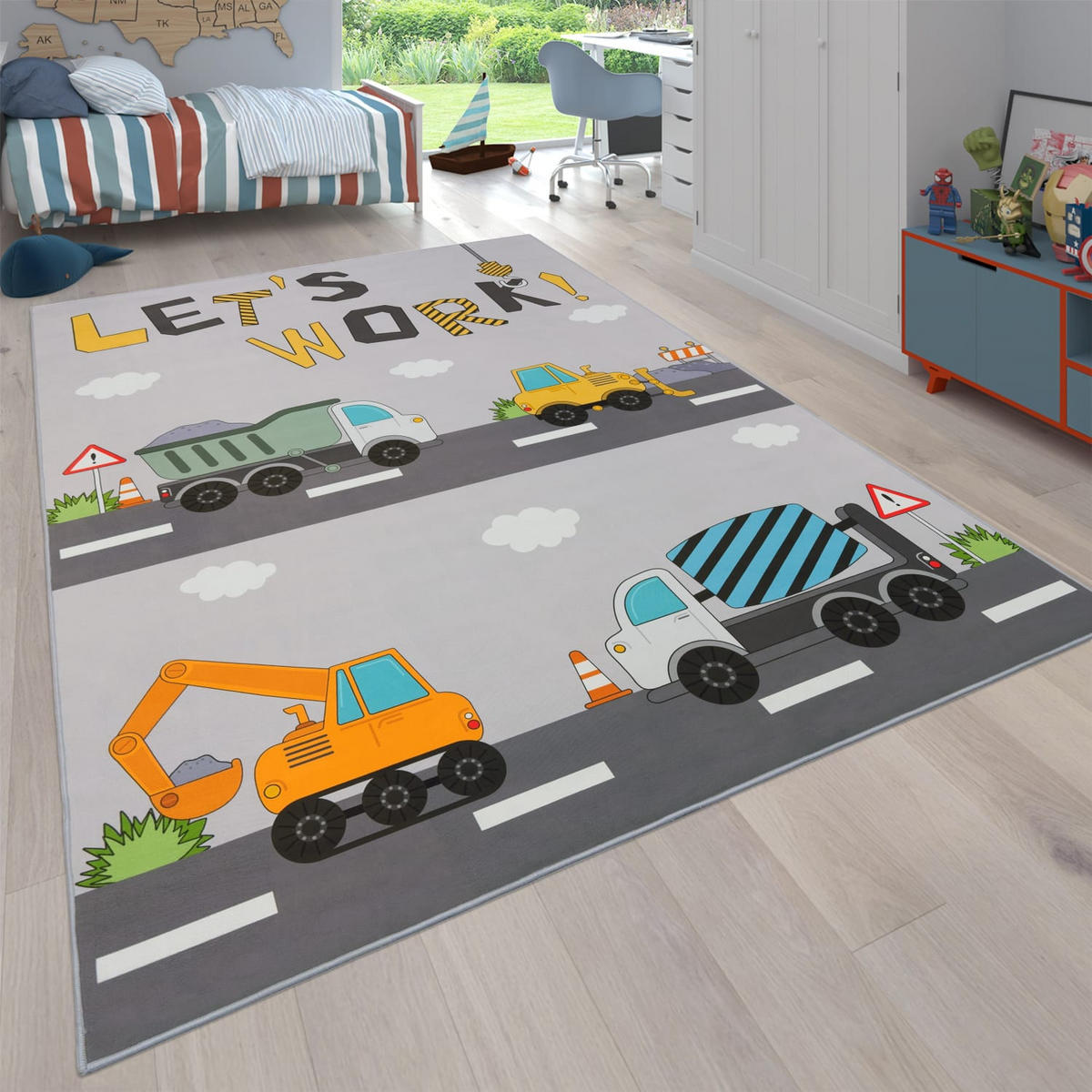 KINDERTEPPICH waschmaschinenwaschbar Baustellenfahrzeuge‑Muster Kinderzimmer schmutzabweisend Grau Rechteckig 80x150 - Grau, Textil (80/150cm) - KADIMA DESIGN
