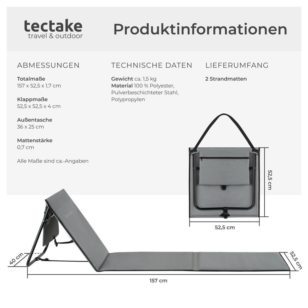 STRANDMATTE 2er Set Mina, inkl. Aufbewahrungstasche, grau/blau - Blau/Grau, Textil (52.5/1.7/157cm) - tectake