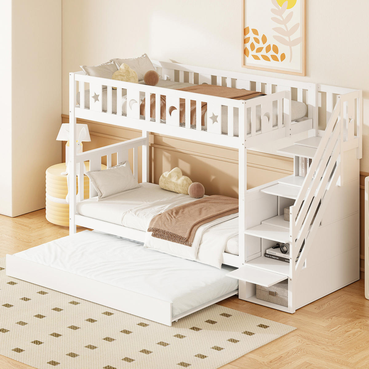 ETAGENBETT Kinder 90/200 cm Weiß mit Ausziehbett und Stauraum - Weiß, Holz (90/200cm) - MIVRAY