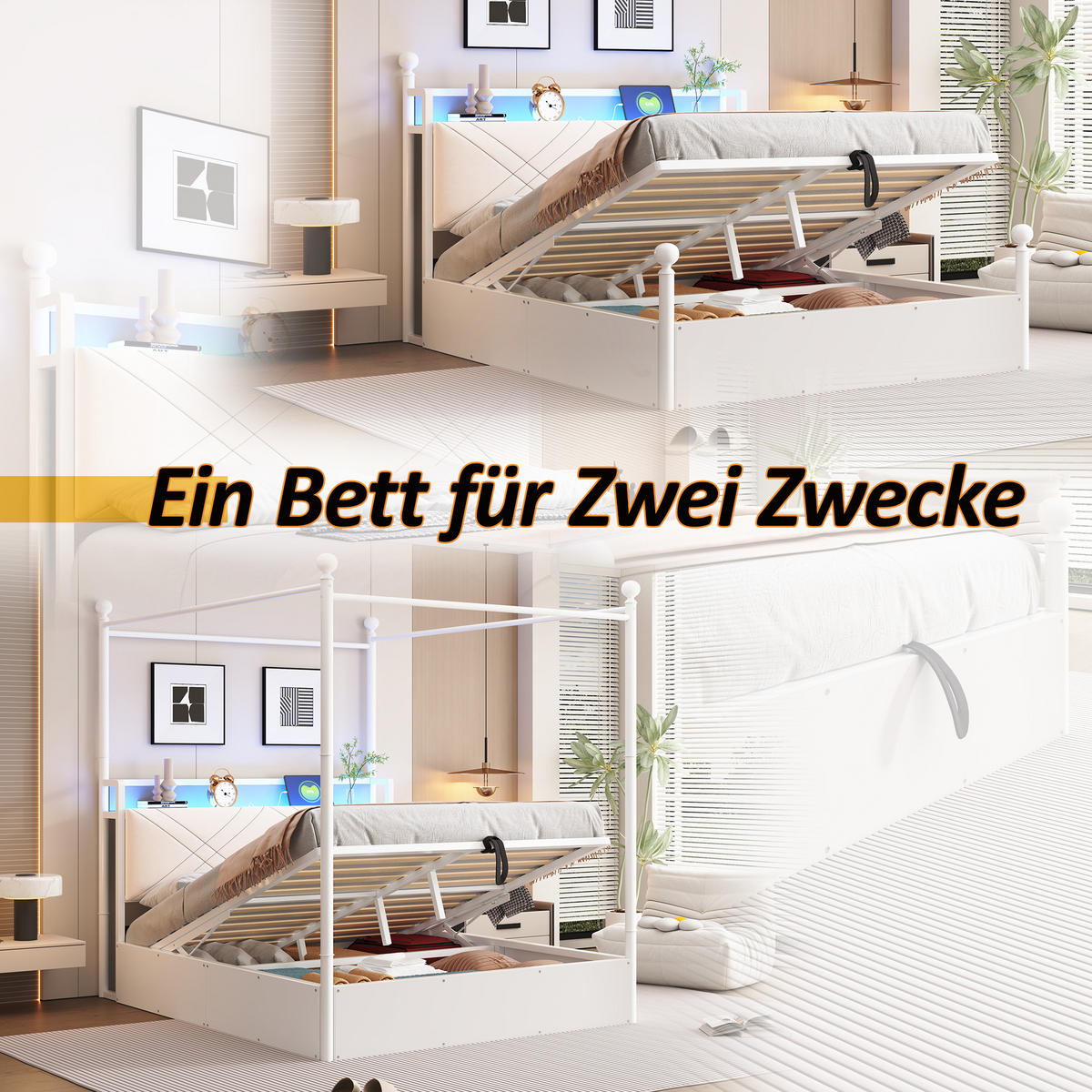 POLSTERBETT 140/190 cm Weiß mit LED-Beleuchtung und USB-/Typ-C - Weiß, Holz (140/190cm) - Oxeza