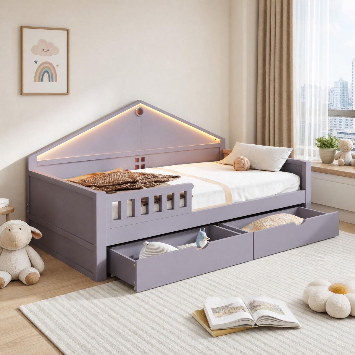 KINDERBETT 90/200 mit LED, Schubladen und Lattenrost in Grau - Grau, Holzwerkstoff (90/200cm) - EVRYAE