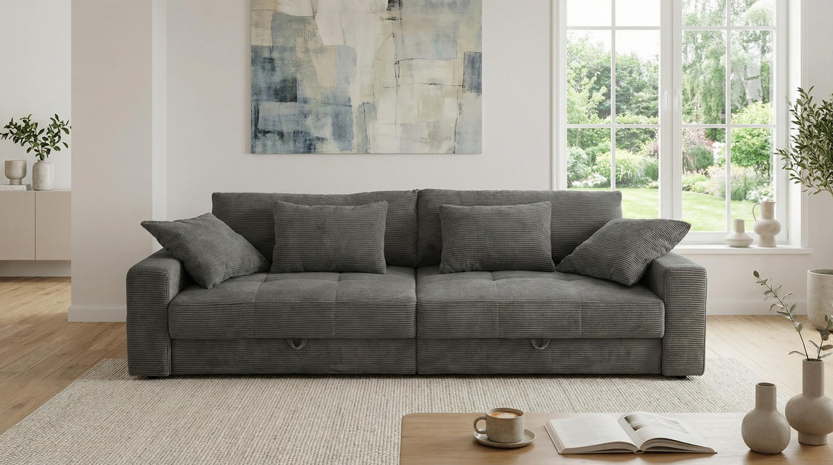 BIG-SOFA mit 2 Bettkästen, viel Stauraum, B274/T113/H84 cm, Liegefläche 103x241 cm, Cord Dunkelgrau / 15261 - Dunkelgrau, Kunststoff/Textil (284/84/113cm) - luma-home