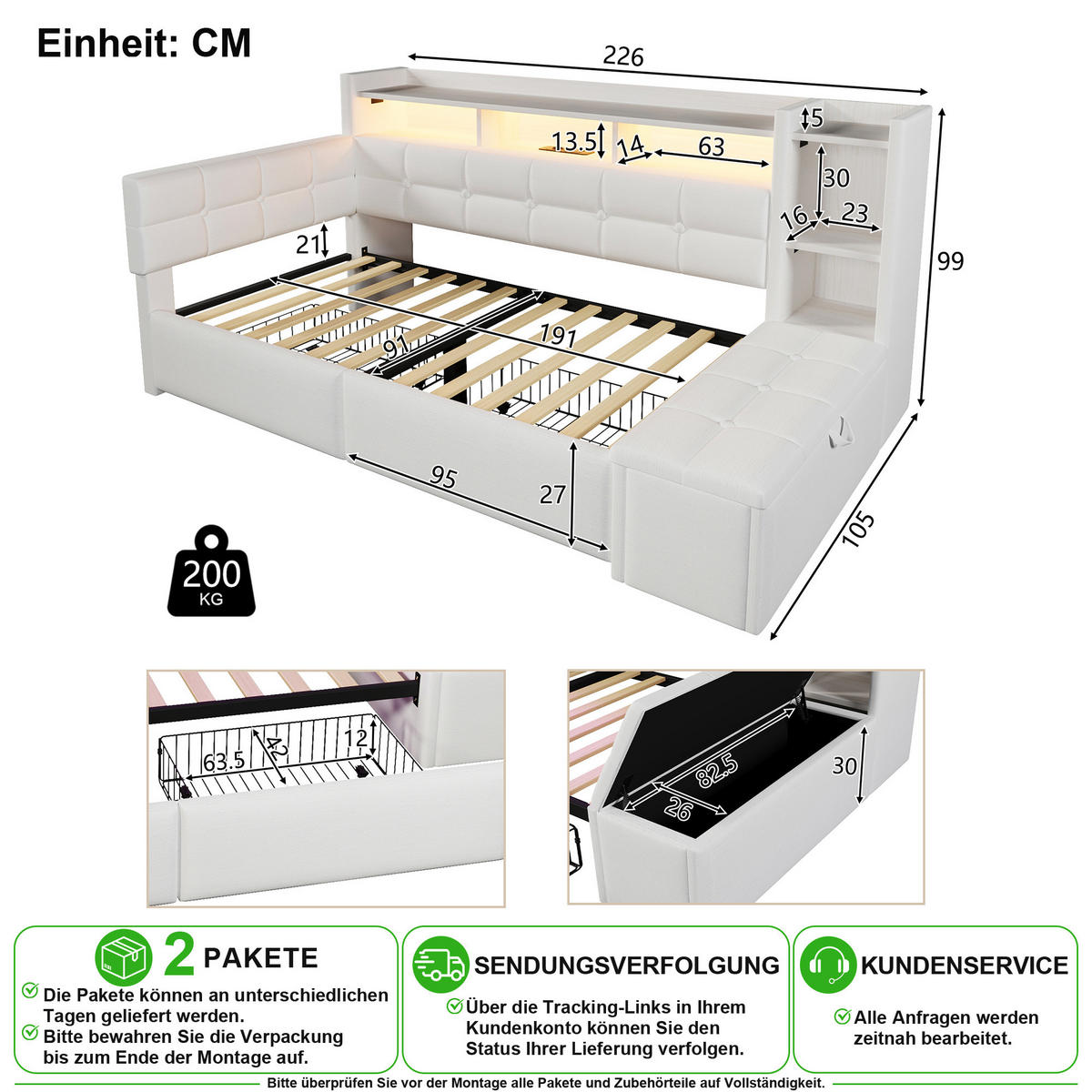 SCHLAFSOFA 90/190 cm in Weiß Samt mit 2 Schubladen, LED und USB/Type-C - Weiß, Holzwerkstoff/Textil (90/190cm) - CHICFURN