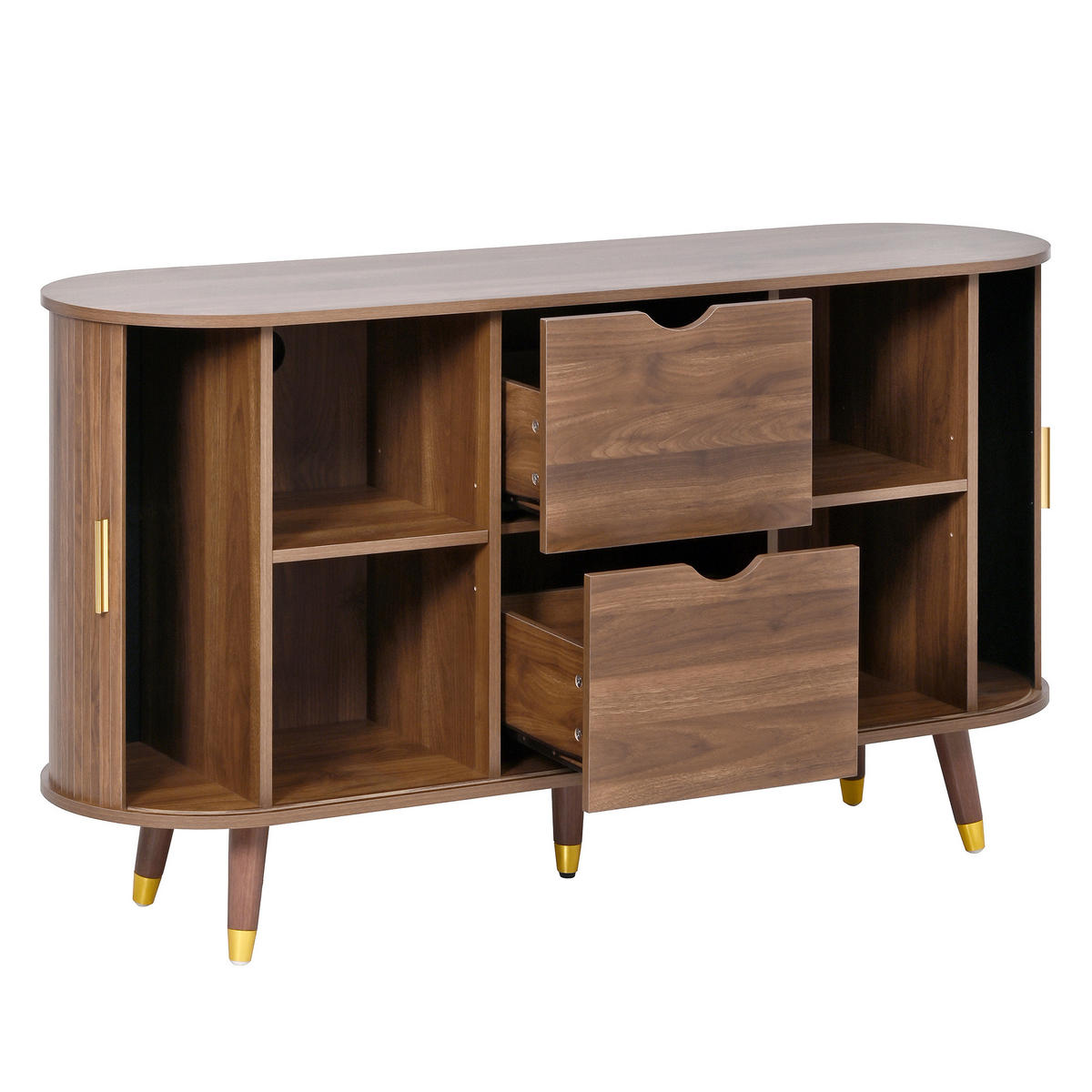 KOMODA oreh okrogla 140 cm drsna vrata predali - barva oreha, leseni material (140/79.5/40cm) - Urban Meuble