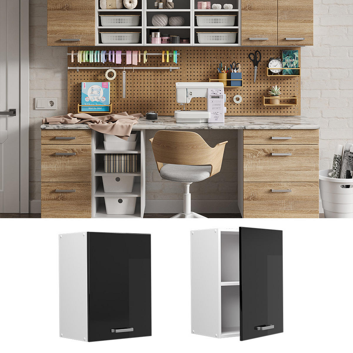 UNIVERZÁLNÍ NÁSTĚNNÁ SKŘÍŇKA R-Line Černý vysoký lesk - bílá/vysoce lesklá černá, kompozitní dřevo (45/60/31cm) - Vicco