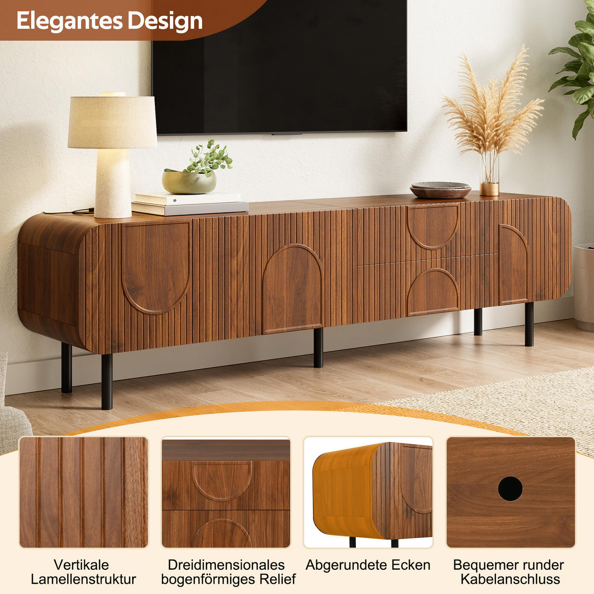 TV-SCHRANK Mid Century 3 Türen 2 Schubladen Metallbeine - Walnussfarben, Holzwerkstoff (40/47.5/180cm) - FLIEKS