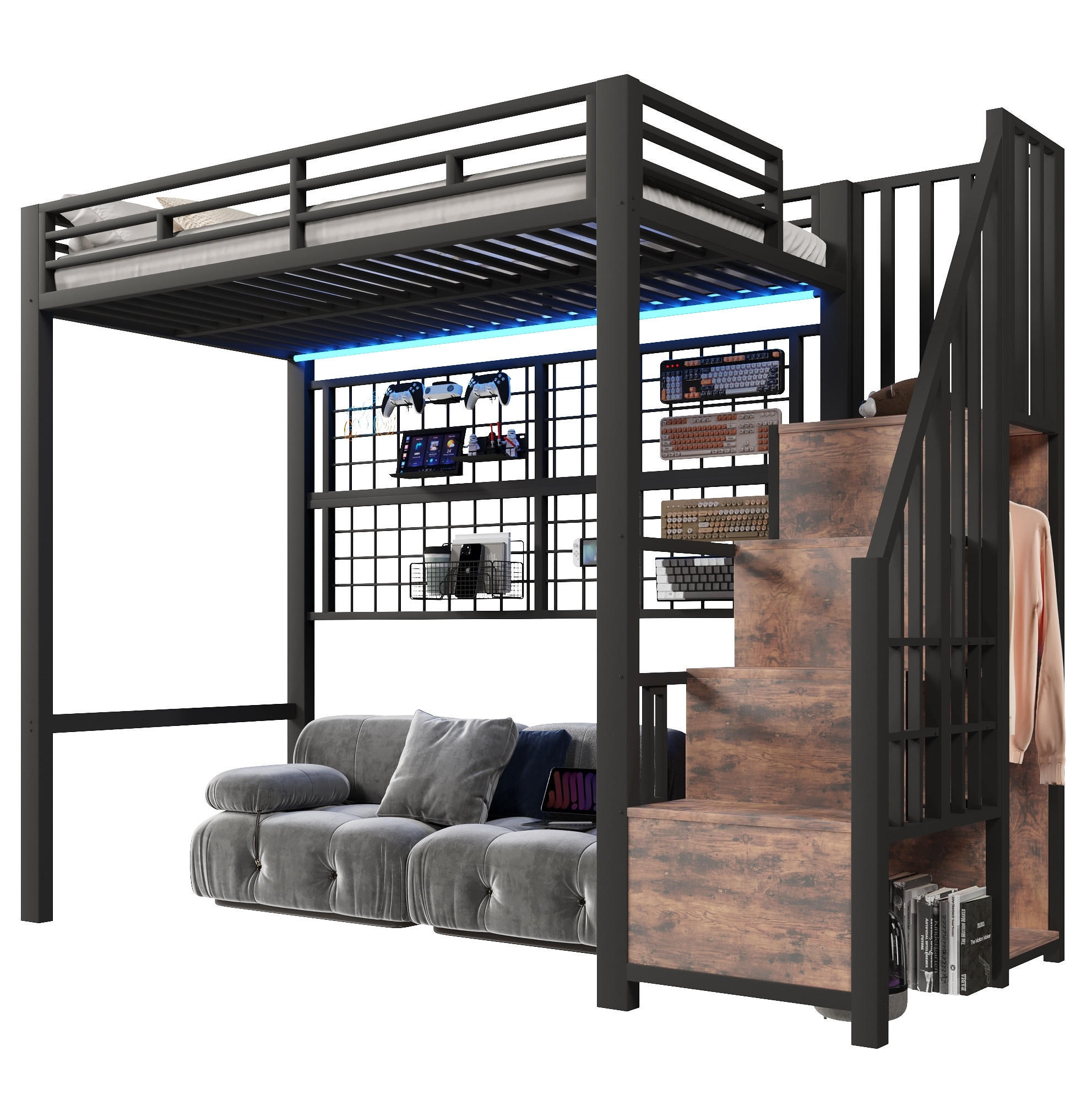 HOCHBETT 90/200 cm in Schwarz – mit Stauraumleiter, Kleiderschrank und LED - Schwarz, Metall (90/200cm) - BEAOK