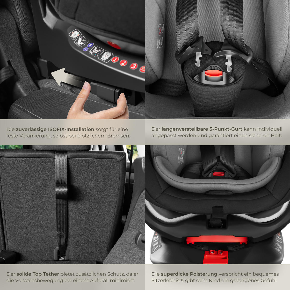 AUTOSITZ Drehbar Linus,ab Geburt bis 150 cm, Belastbarkeit 36 kg,hellgrau/schwarz - Hellgrau/Schwarz, Kunststoff (48/74/55cm) - tectake