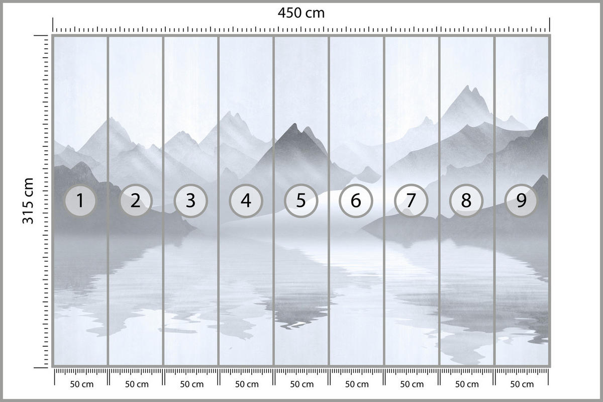 FOTOTAPETE für Wohnzimmer Aquarell Graue Berge See 450x315 - Weiß/Grau, Papier (450/315cm) - Muralo