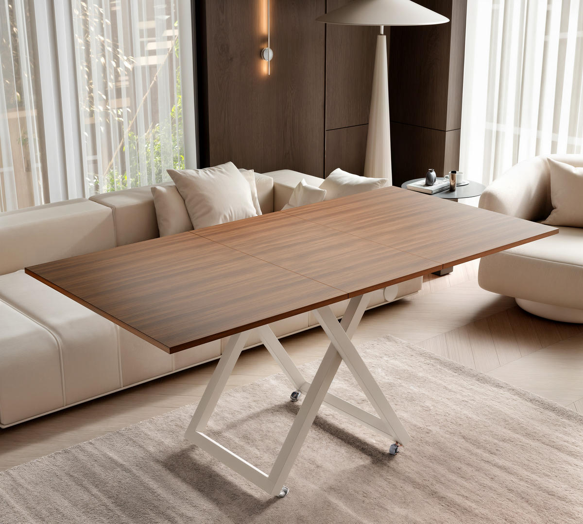 COUCHTISCH ARIA 120-160/80 cm, Höhenverstellbar, Kaschmir / Franklin-Nussbaum - Kaschmir/Nussbaumfarben, Holzwerkstoff/Metall (120/80/38cm) - Idohome